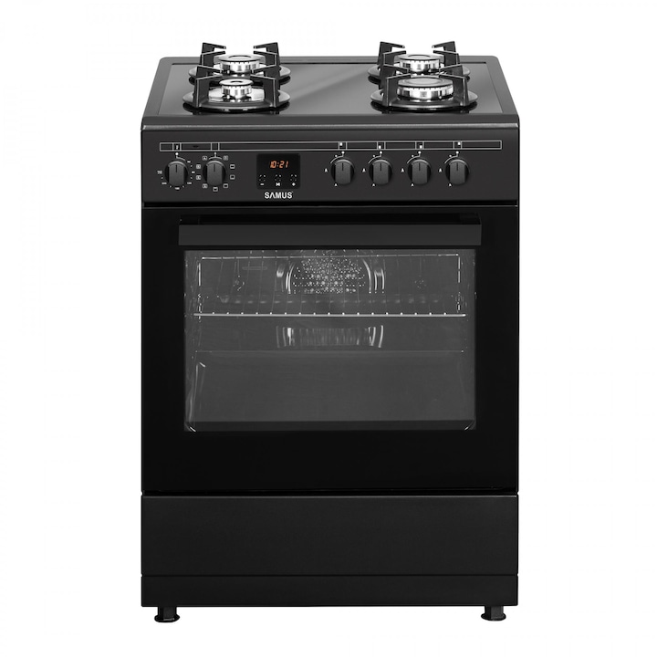 Aragaz mixt Samus SM665AENS, Gaz, 4 Arzatoare, Cuptor electric, 56 L, 59.8 cm, Antracit