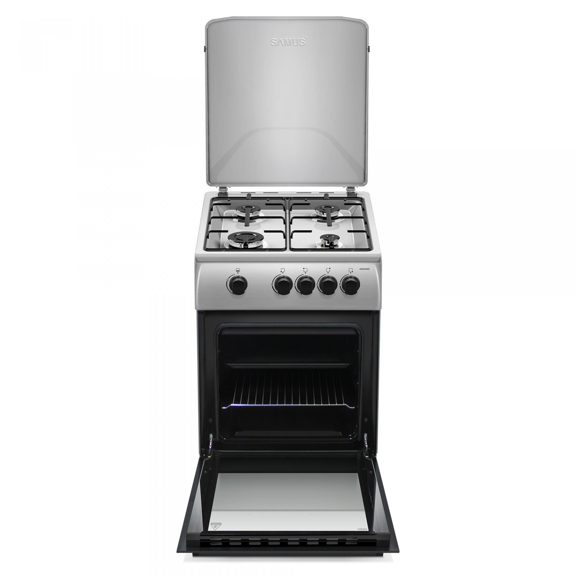 Aragaz Samus SM561BXS, 4 Arzatoare gaz, Cuptor gaz, Siguranta plita si cuptor, Geam dublu la cuptor, Inox/ Argintiu