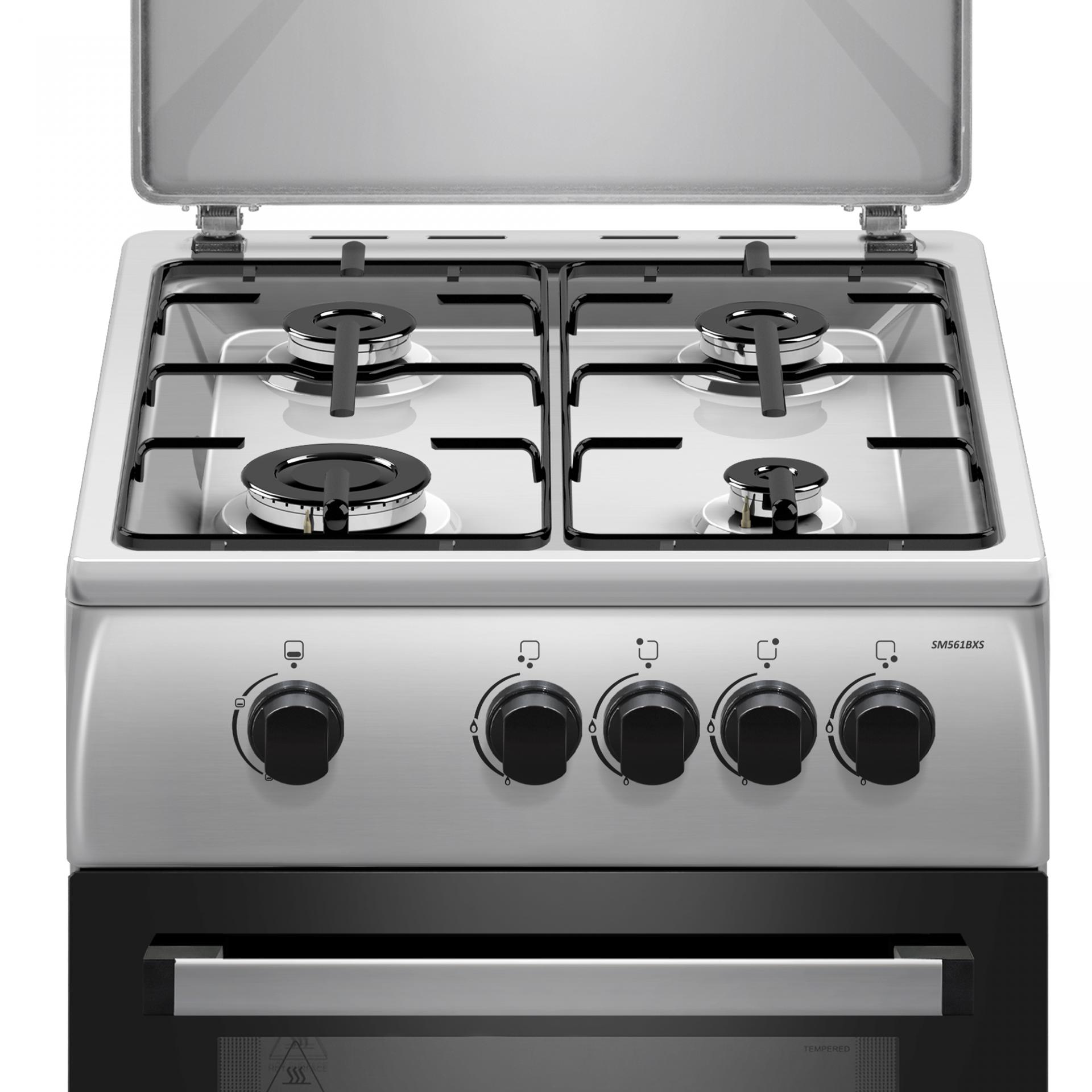 Aragaz Samus SM561BXS, 4 Arzatoare gaz, Cuptor gaz, Siguranta plita si cuptor, Geam dublu la cuptor, Inox/ Argintiu