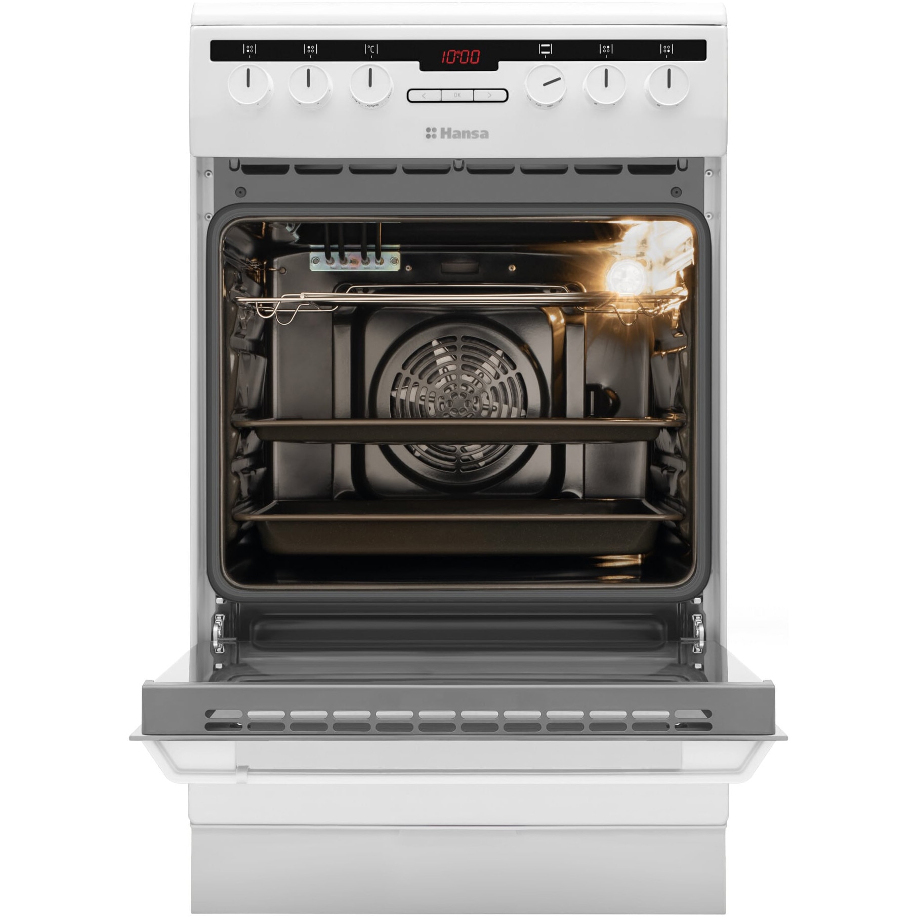 Aragaz Hansa FCCW58200, 4 zone de gatit, Electric, Curatare abur, Grill, Clasa A, 50 cm, Alb