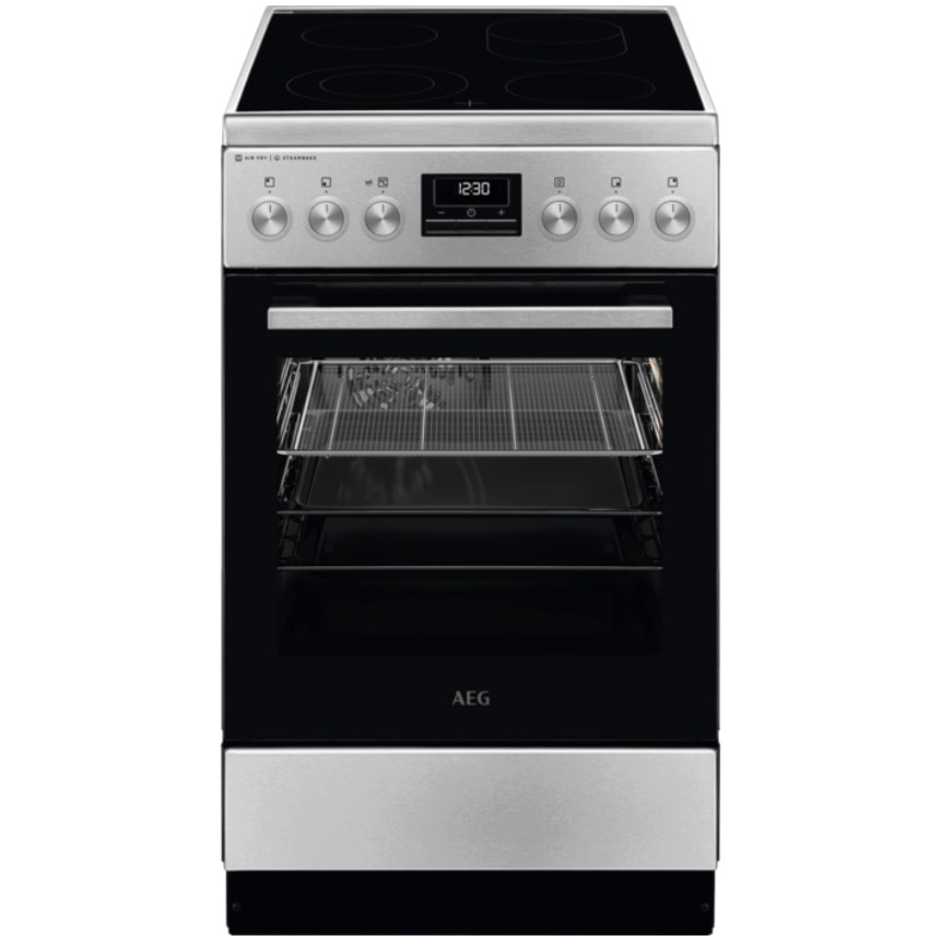 Aragaz AEG CCB56490BM, Vitroceramica, 4 zone de gatit, SteamBake, AirFry, Timer cu display electronic, Grill, Clasa A, 50 cm, Inox