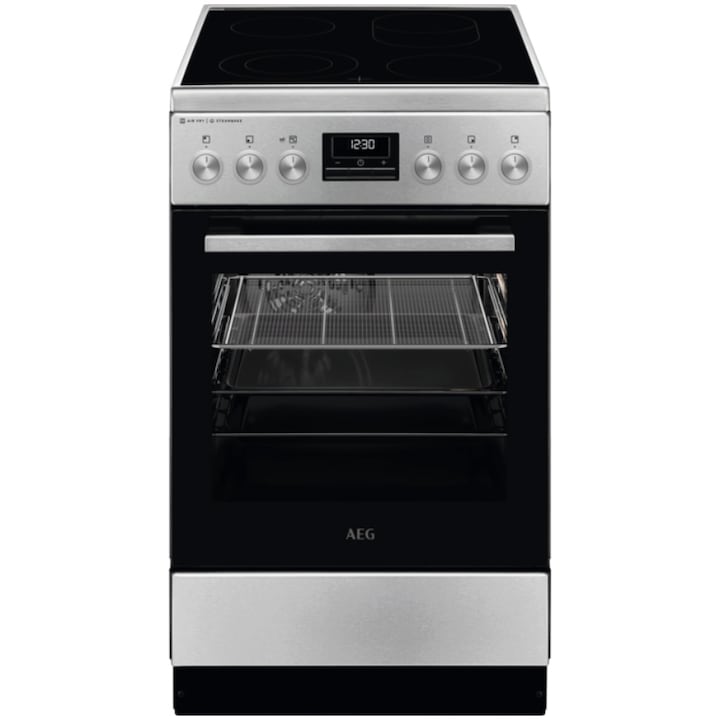 Aragaz AEG CCB56490BM, Vitroceramica, 4 zone de gatit, SteamBake, AirFry, Timer cu display electronic, Grill, Clasa A, 50 cm, Inox