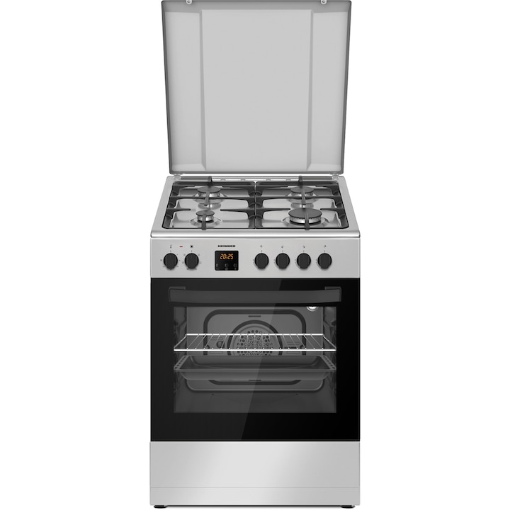 Aragaz mixt Heinner HFSC-S66FDC-IX, 4 arzatoare, Timer digital, 6 functii, Clasa A, Culoare Inox