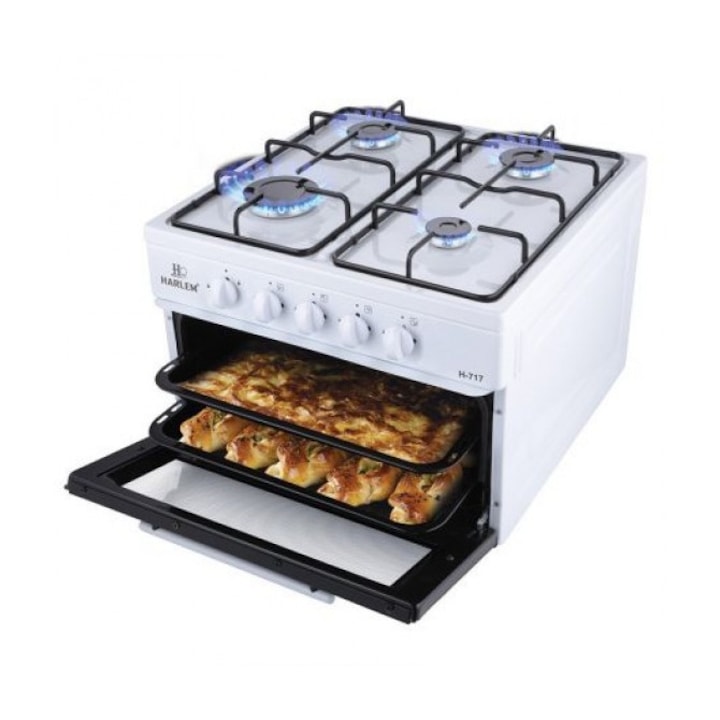 Mini-aragaz Emailat cu 4 Ochiuri HARLEM® ELECTROSET,0,9 KW, 2X1, 5 KW, 1,9 KW, GPL, Capacitate Cuptor 45 Litri, ALB + Regulator gaz/Ceas butelie