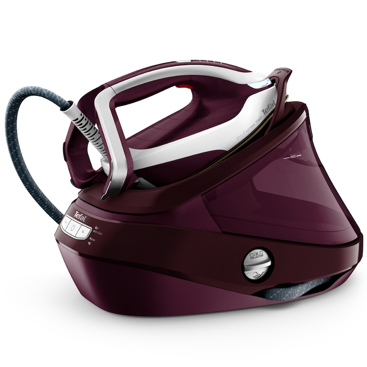 Statie de calcat cu abur de inalta presiune Tefal Pro Express Vision GV9810E0, 3000W, 8.3 bari, jet de abur 680 g/min, abur variabil 180 g/min, varf iluminat LED, sistem antipicurare, tehnologie Smart Steam, colector anticalcar, visiniu & alb