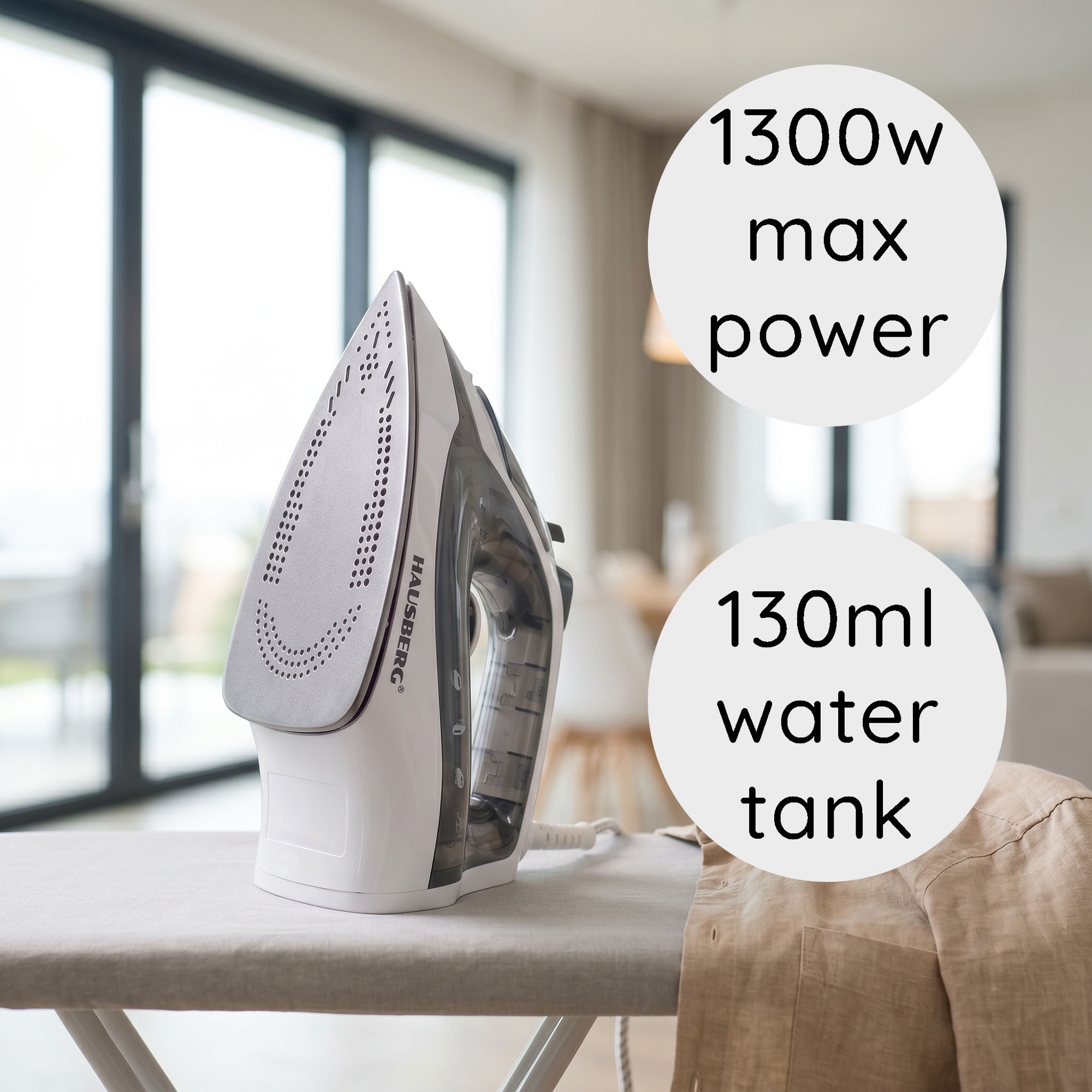 Fier de calcat Hausberg HB-7850GR, 1300W, talpa invelis ceramic, abur vertical, calcare uscata, autocuratare, pulverizare, rezervor 130ml, Gri