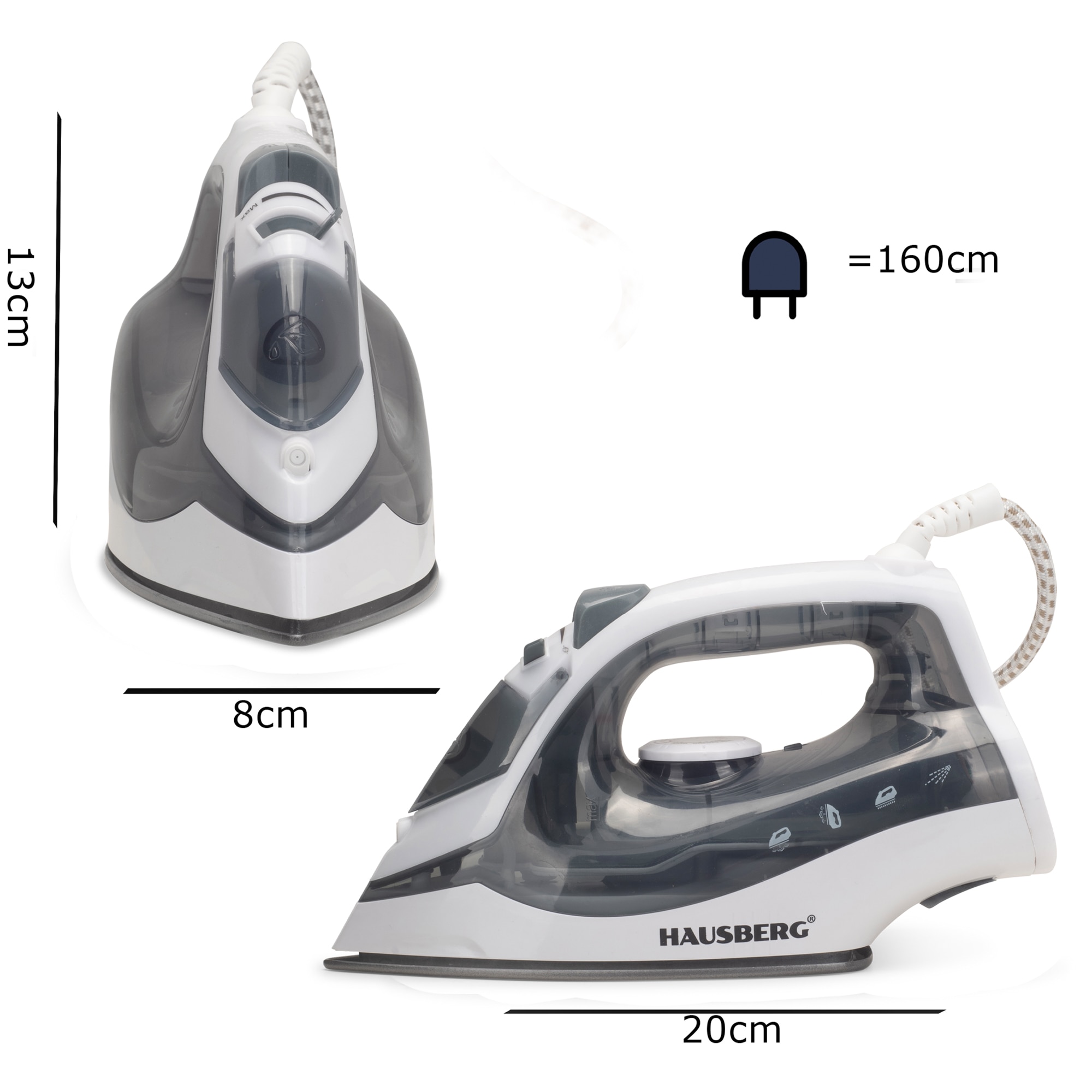 Fier de calcat Hausberg HB-7850GR, 1300W, talpa invelis ceramic, abur vertical, calcare uscata, autocuratare, pulverizare, rezervor 130ml, Gri