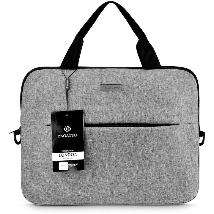 Geanta laptop dama, barbat, 15.6 inch, Zagatto®, Gri, Dimensiuni 40x29x4.2 cm, Impermeabila, Atasabila la troler, Eleganta, Business, Curea de umar reglabila si detasabila, Buzunar frontal cu fermoar, Pentru notebook, Compatibila Macbook Pro, Air ZG88
