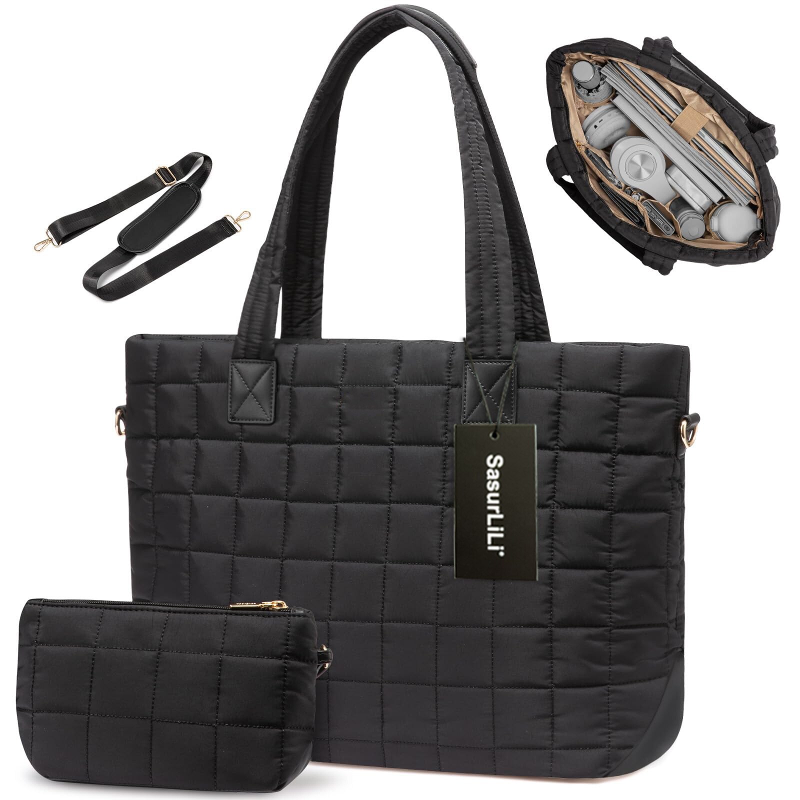 Geanta laptop pentru femei, geanta puffer mare cu fermoar, 26L, neagra, 45x17.5x32cm
