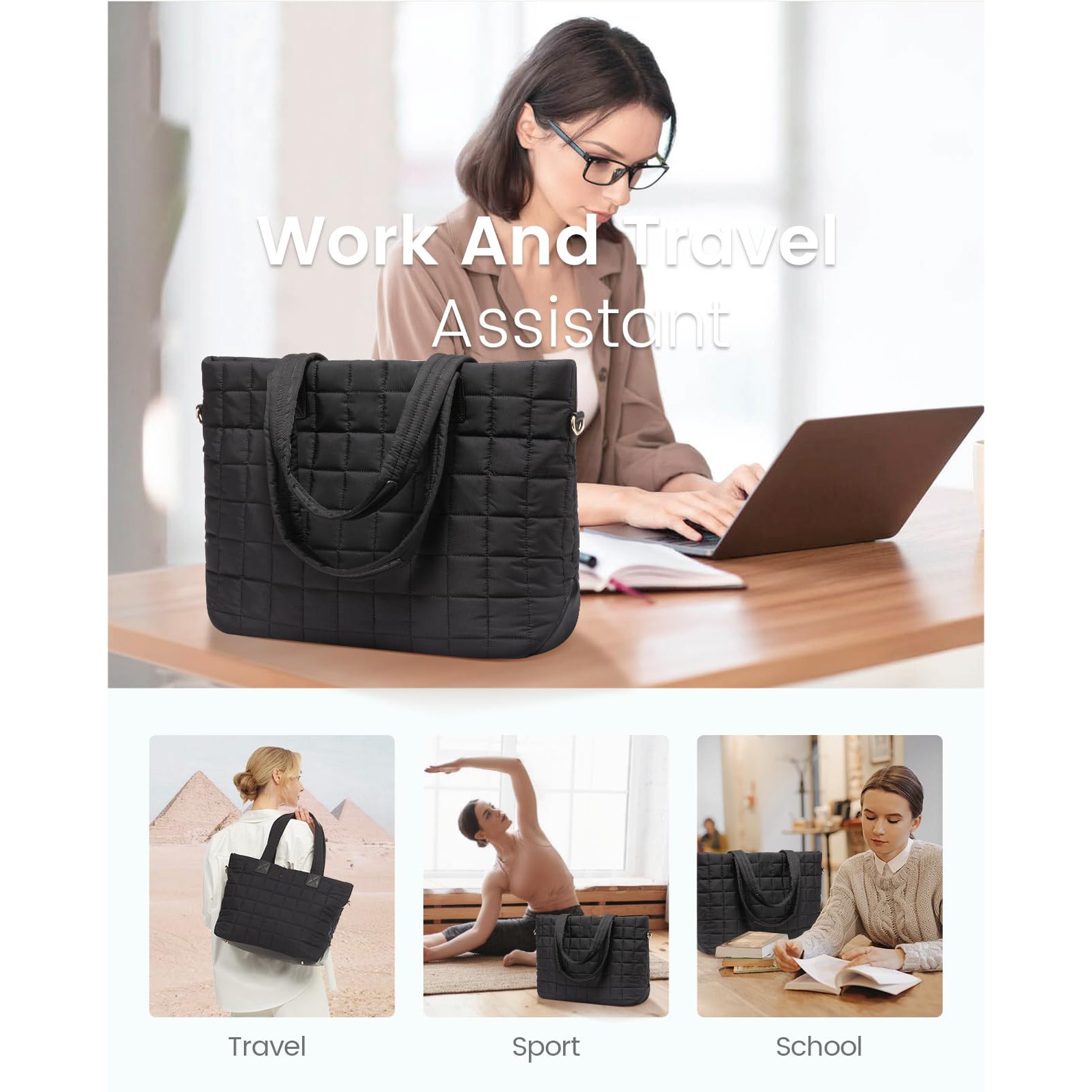 Geanta laptop pentru femei, geanta puffer mare cu fermoar, 26L, neagra, 45x17.5x32cm