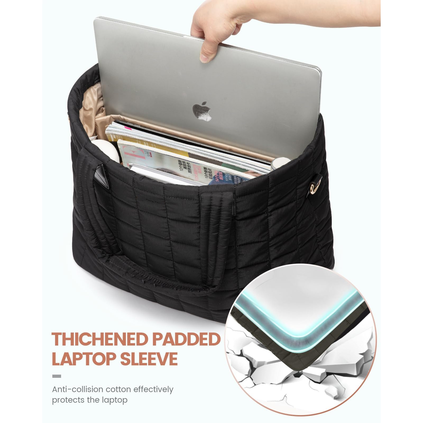 Geanta laptop pentru femei, geanta puffer mare cu fermoar, 26L, neagra, 45x17.5x32cm