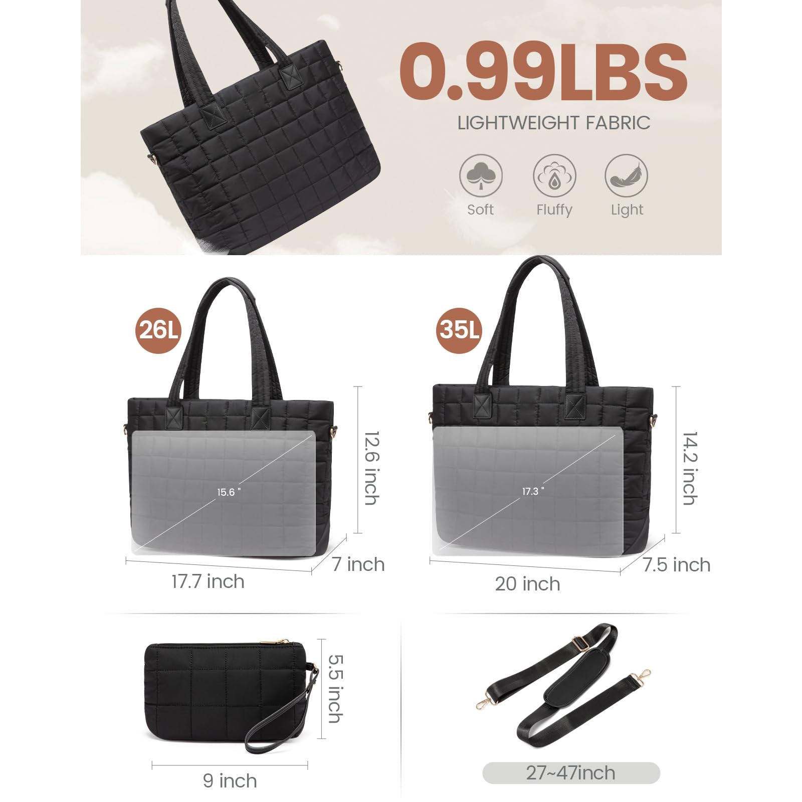 Geanta laptop pentru femei, geanta puffer mare cu fermoar, 26L, neagra, 45x17.5x32cm