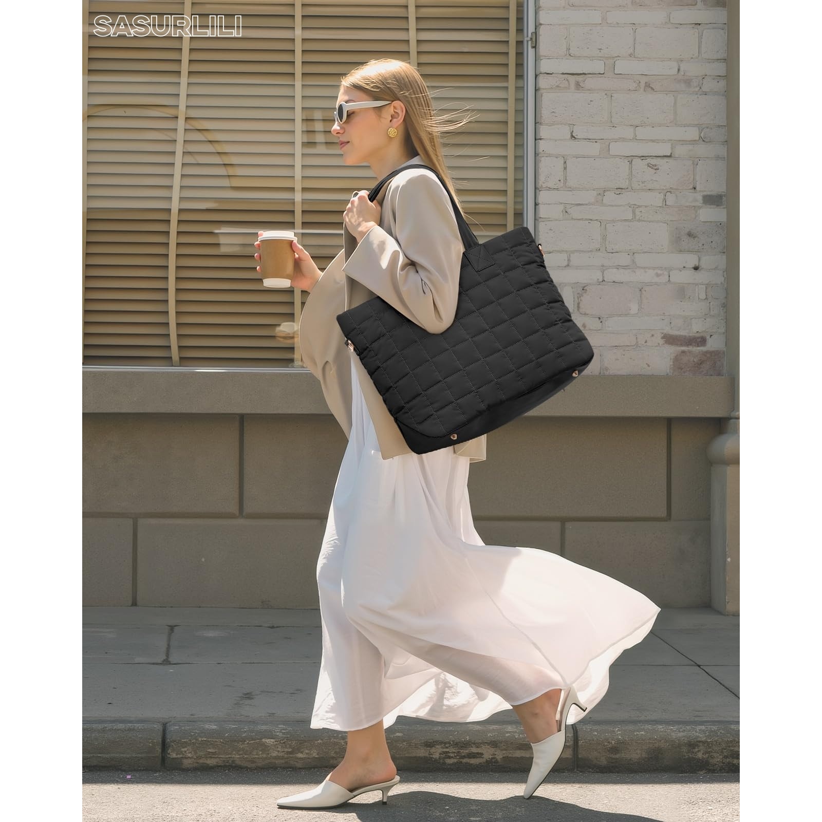 Geanta laptop pentru femei, geanta puffer mare cu fermoar, 26L, neagra, 45x17.5x32cm