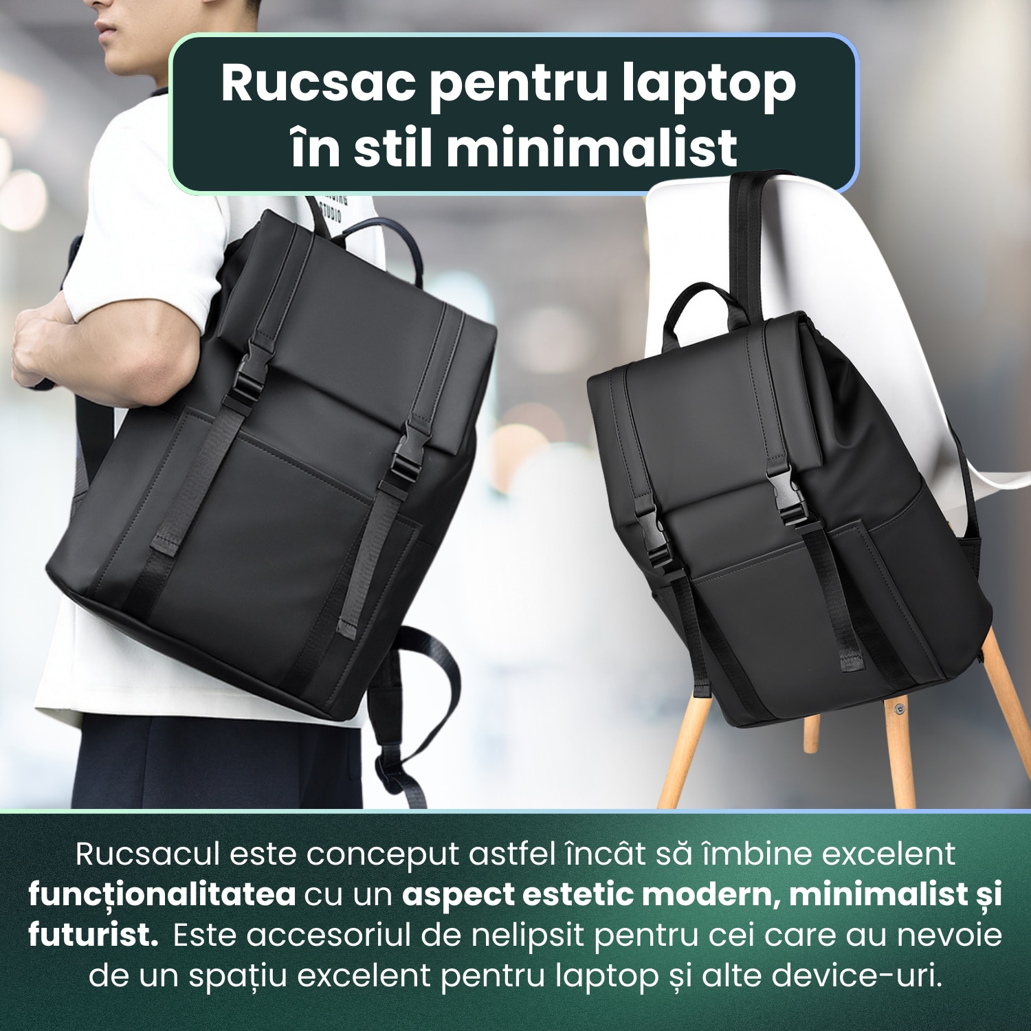 Rucsac Laptop, HITTERGEM® UrbanShield Minimalist pentru Birou, Rucsac Laptop 15.6 Inch din Polyester Premium Rezistent si Impermeabil, Rucsac Laptop cu Design Futurist pentru Uz Zilnic, Stil Urban Modern, Verde, 42x32x14 cm