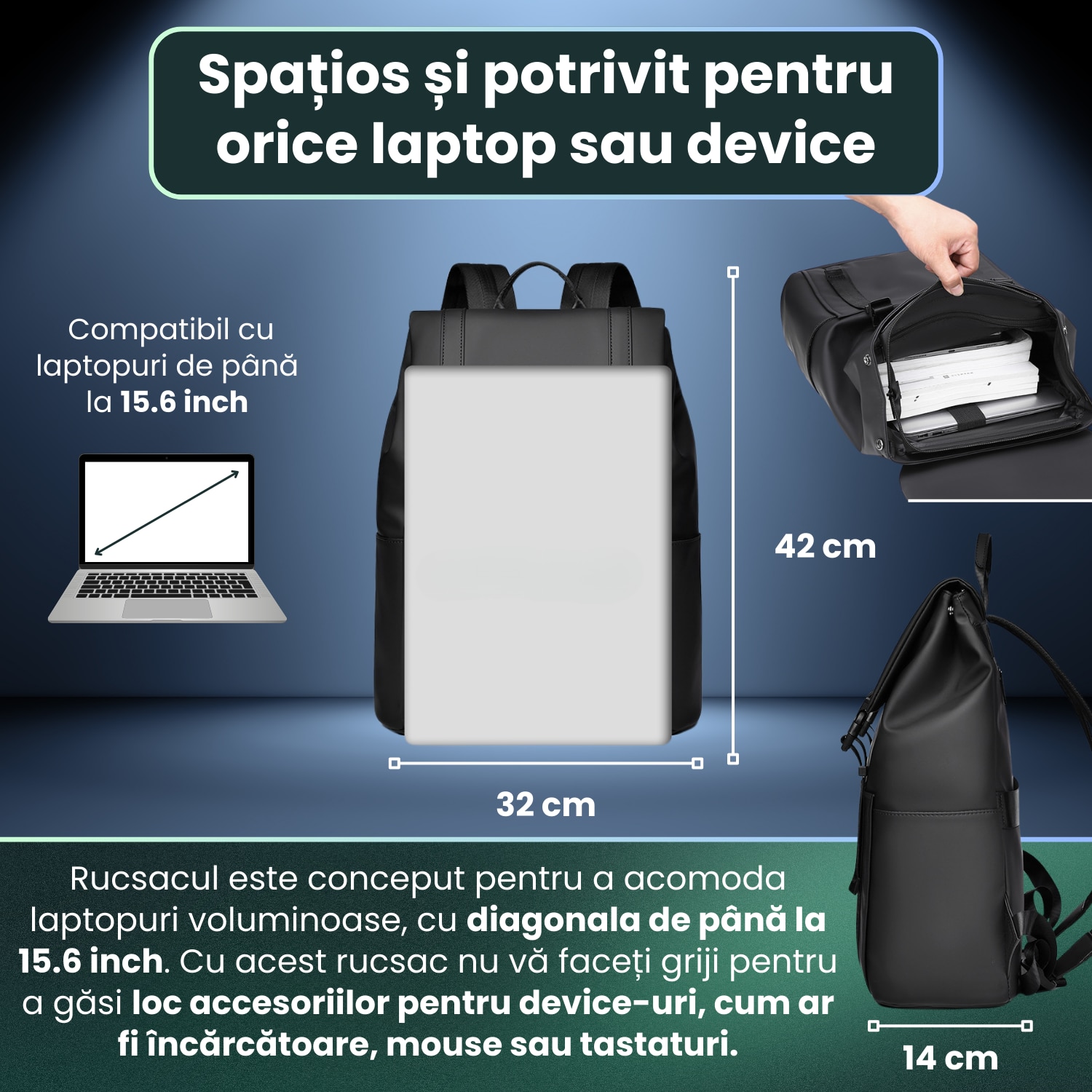 Rucsac Laptop, HITTERGEM® UrbanShield Minimalist pentru Birou, Rucsac Laptop 15.6 Inch din Polyester Premium Rezistent si Impermeabil, Rucsac Laptop cu Design Futurist pentru Uz Zilnic, Stil Urban Modern, Verde, 42x32x14 cm