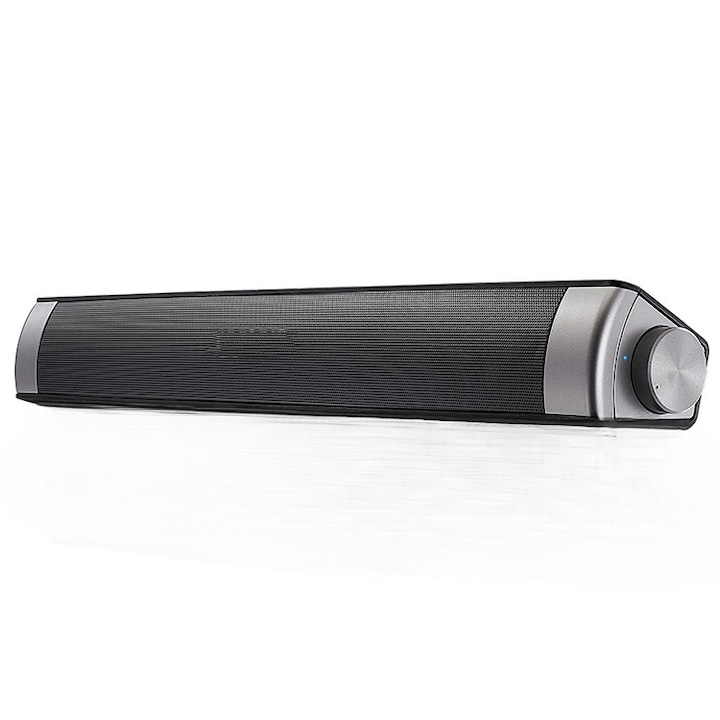 Bara de sunet Bluetooth, telecomanda cu infrarosu, indicator luminos LED, buton rotativ, sunet stereo 360°, negru