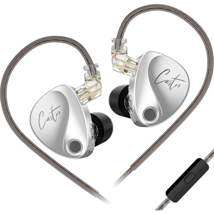 Casti KZ Castor In Ear 2DD, dinamice cu armatura echilibrata reglabila, HiFi, Monitor, anulare zgomot, burete din spuma, Argintiu