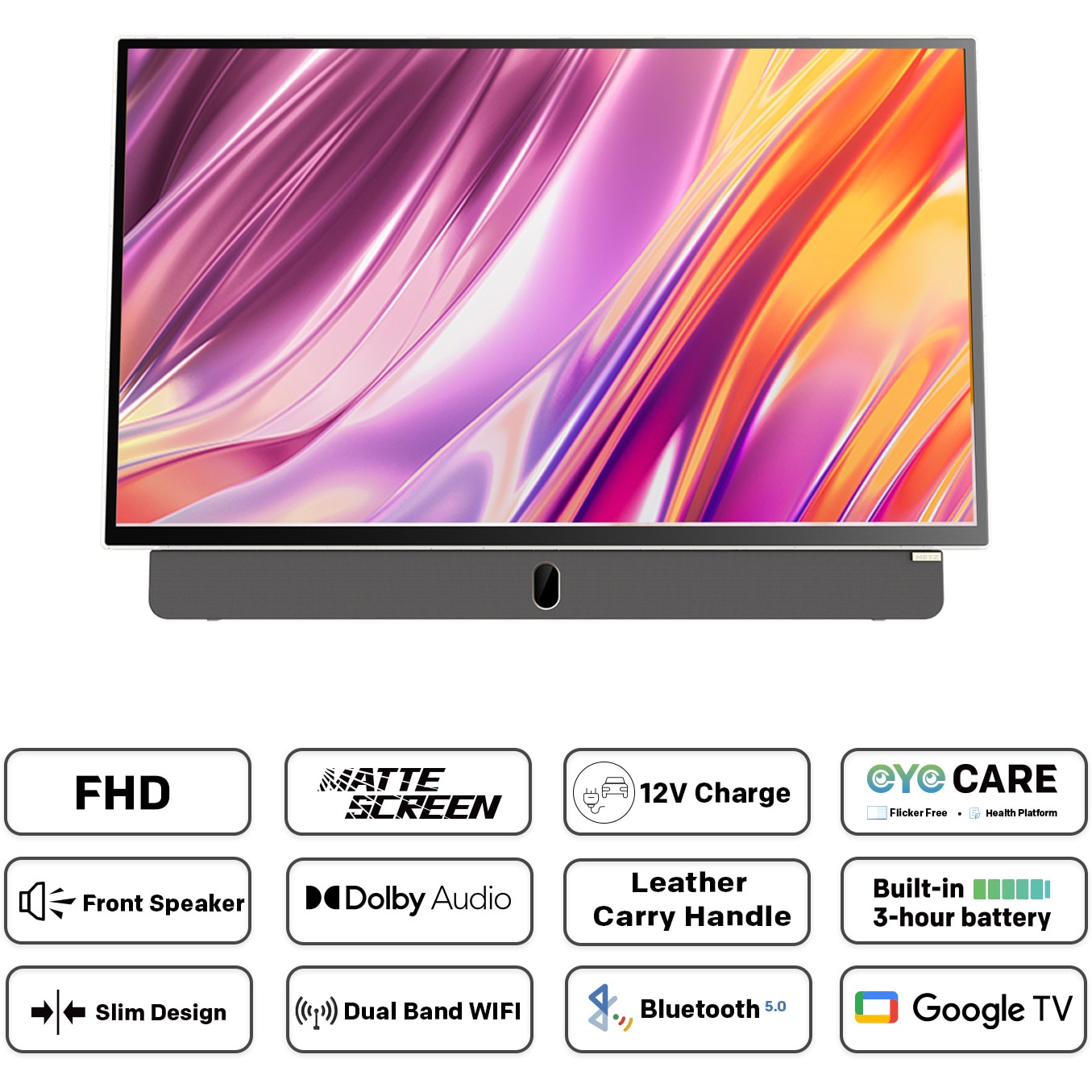 Televizor portabil METZ LED 24MPE7000, 60 cm, Smart Google TV, adaptor alimentare 12V, Full HD, Clasa E