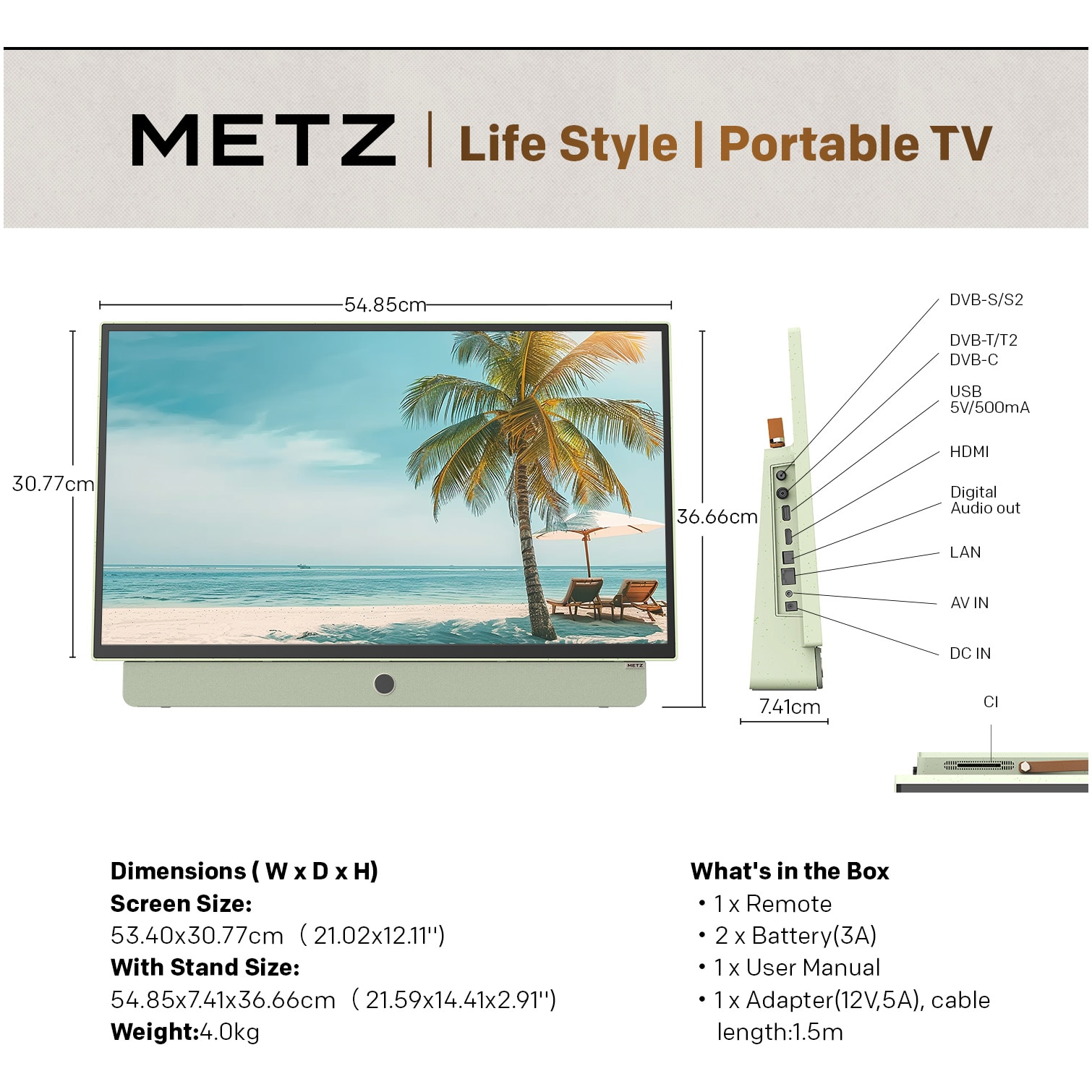 Televizor portabil METZ LED 24MPE7200Z, 60 cm, Smart Google TV, adaptor alimentare 12V, Full HD, Clasa E (Model 2025)