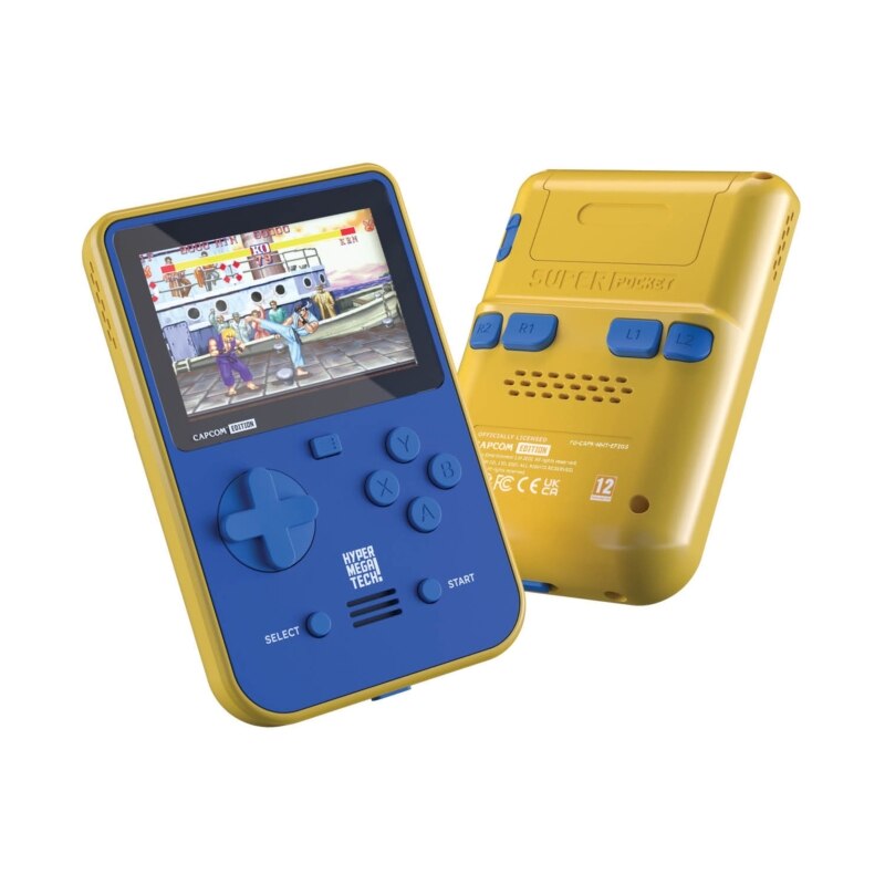 Consola de jocuri portabila, Hyper Mega Tech, Retro Gaming, 2.8″ IPS, Capcom Edition, 12 jocuri, Albastru-Galben