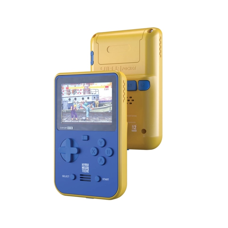 Consola de jocuri portabila, Hyper Mega Tech, Retro Gaming, 2.8″ IPS, Capcom Edition, 12 jocuri, Albastru-Galben