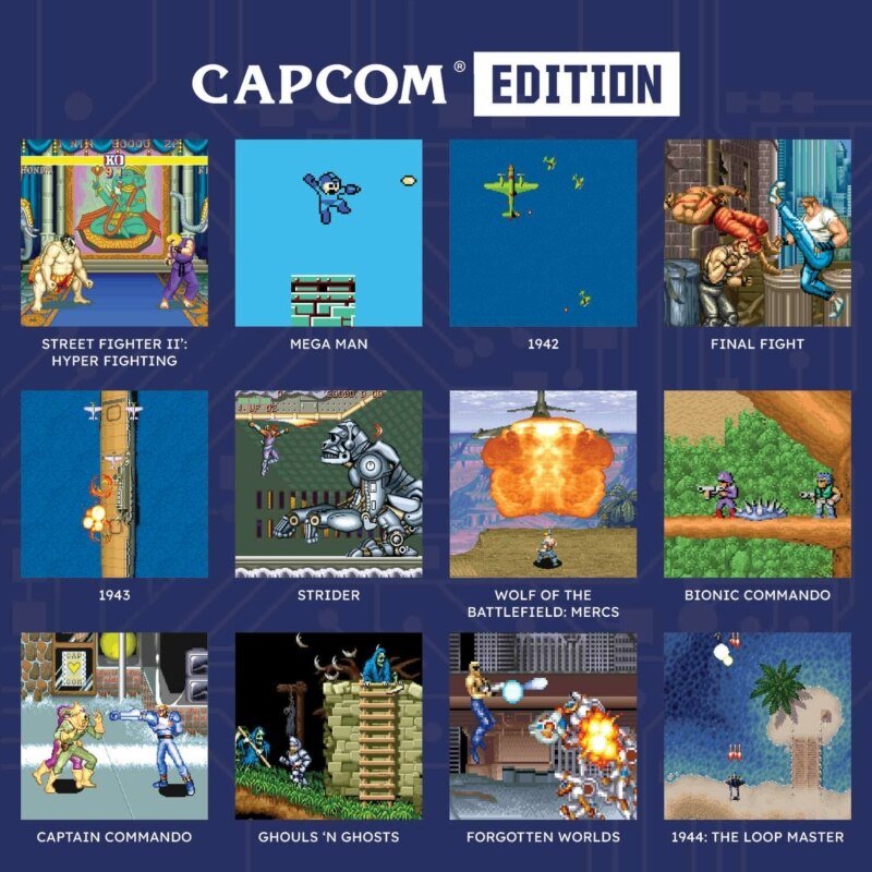 Consola de jocuri portabila, Hyper Mega Tech, Retro Gaming, 2.8″ IPS, Capcom Edition, 12 jocuri, Albastru-Galben