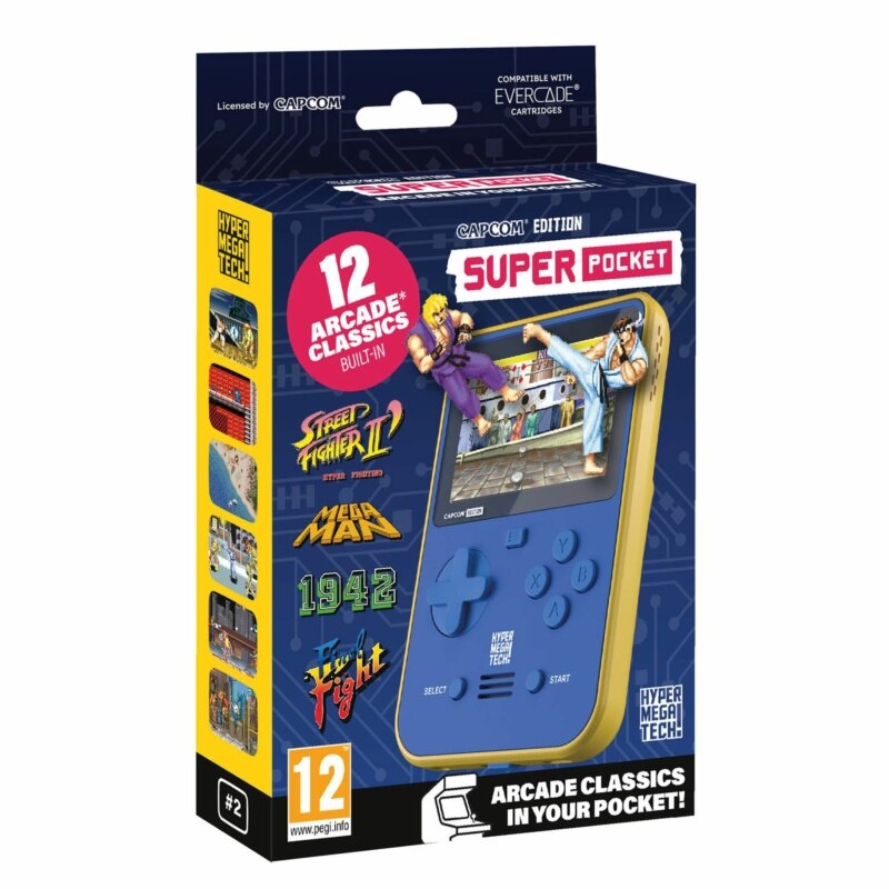 Consola de jocuri portabila, Hyper Mega Tech, Retro Gaming, 2.8″ IPS, Capcom Edition, 12 jocuri, Albastru-Galben