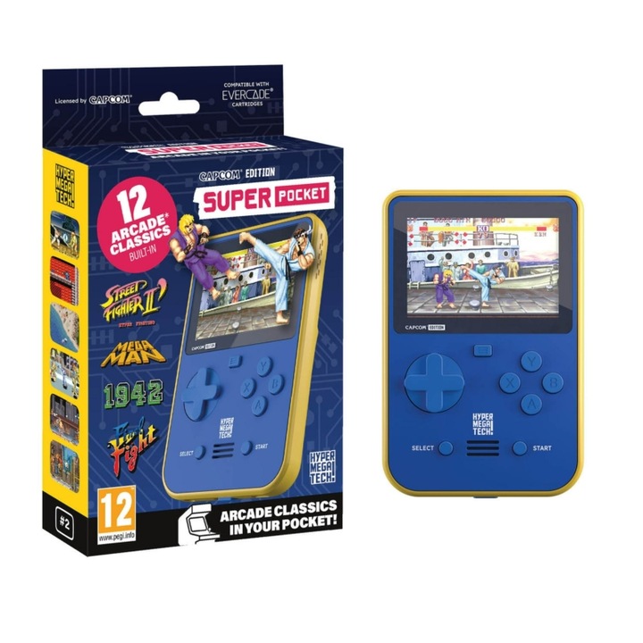 Consola de jocuri portabila, Hyper Mega Tech, Retro Gaming, 2.8″ IPS, Capcom Edition, 12 jocuri, Albastru-Galben