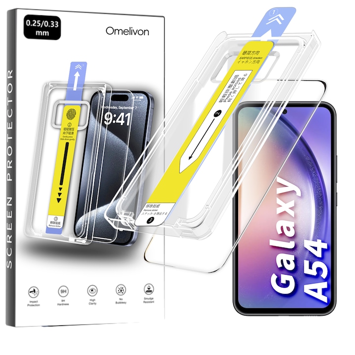 Folie de Protectie pentru Samsung Galaxy A54, Omelivon, Sticla Securizata, cu Kit de Aplicare Instanta si Functie Automata de Indepartare a Prafului, Duritate 9H+, Ultra HD, Anti Amprente