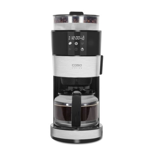 Cafetiera programabila 2 in 1 Caso Germany, Grande Aroma 100, rasnita cafea incorporata, setare grad macinare, rezervor de apa detasabil 1.4 l, oprire automata, timer, control touch, putere 1000 W, negru/argintiu