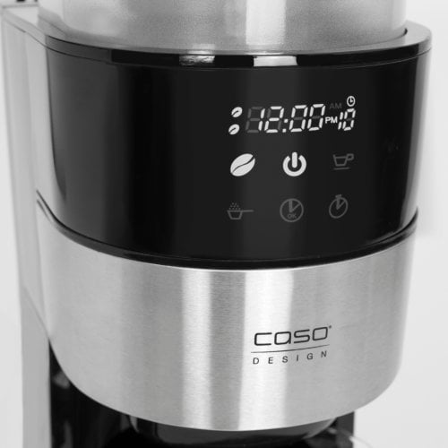 Cafetiera programabila 2 in 1 Caso Germany, Grande Aroma 100, rasnita cafea incorporata, setare grad macinare, rezervor de apa detasabil 1.4 l, oprire automata, timer, control touch, putere 1000 W, negru/argintiu