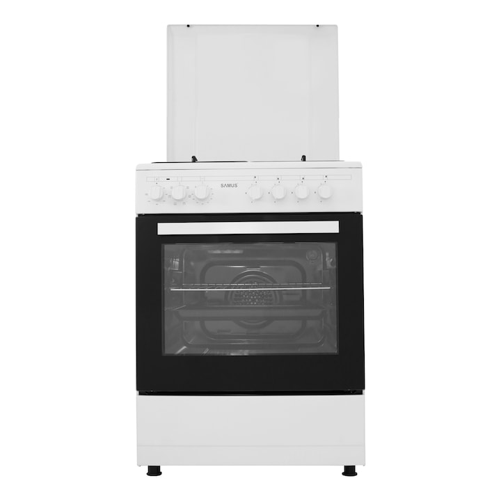 Aragaz Samus SM662AENS WHITE, 4 arzatoare, cuptor electric, 1 arzator WOK, aprindere electrica, grill, timer mecanic, capac metalic, alb