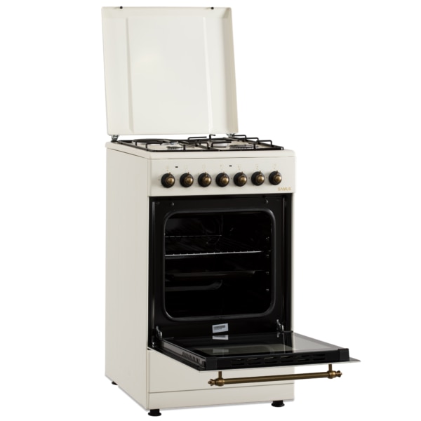 Aragaz Rustic Samus SR550EL3C1, 3 arzatoare pe gaz + 1 electric, Aprindere electrica, Cuptor electric, 48 l, 3 functii, 2200 W, timer mecanic, Beige