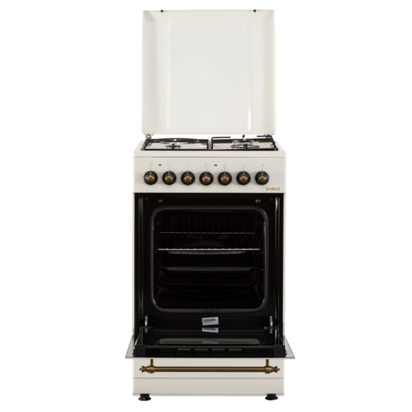 Aragaz Rustic Samus SR550EL3C1, 3 arzatoare pe gaz + 1 electric, Aprindere electrica, Cuptor electric, 48 l, 3 functii, 2200 W, timer mecanic, Beige