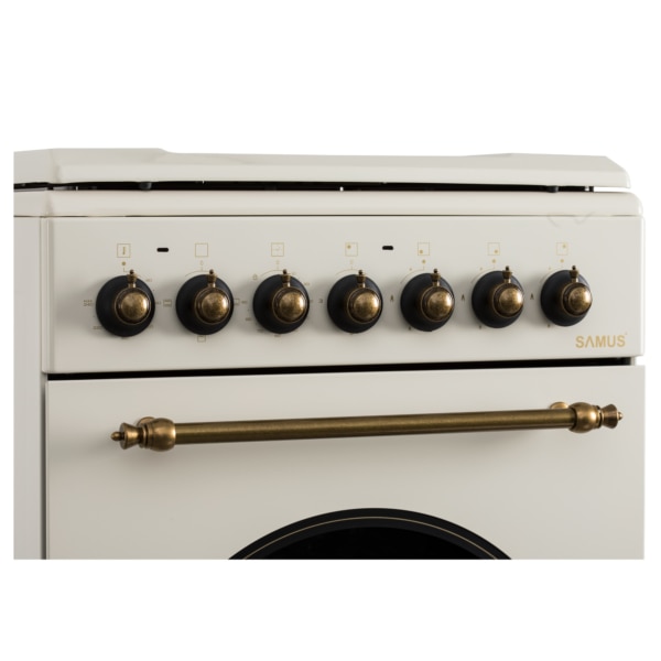 Aragaz Rustic Samus SR550EL3C1, 3 arzatoare pe gaz + 1 electric, Aprindere electrica, Cuptor electric, 48 l, 3 functii, 2200 W, timer mecanic, Beige