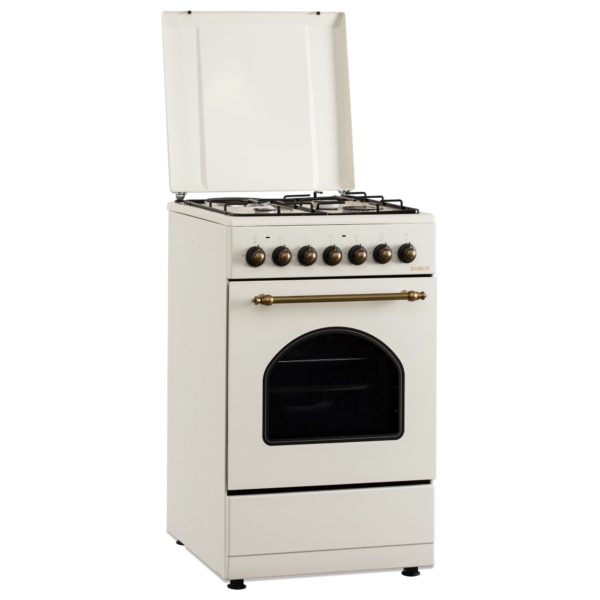 Aragaz Rustic Samus SR550EL3C1, 3 arzatoare pe gaz + 1 electric, Aprindere electrica, Cuptor electric, 48 l, 3 functii, 2200 W, timer mecanic, Beige