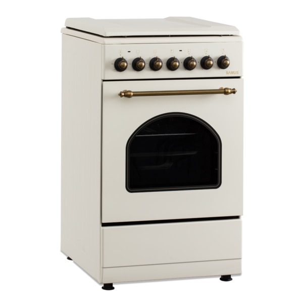 Aragaz Rustic Samus SR550EL3C1, 3 arzatoare pe gaz + 1 electric, Aprindere electrica, Cuptor electric, 48 l, 3 functii, 2200 W, timer mecanic, Beige