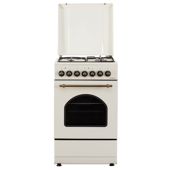 Aragaz Rustic Samus SR550EL3C1, 3 arzatoare pe gaz + 1 electric, Aprindere electrica, Cuptor electric, 48 l, 3 functii, 2200 W, timer mecanic, Beige