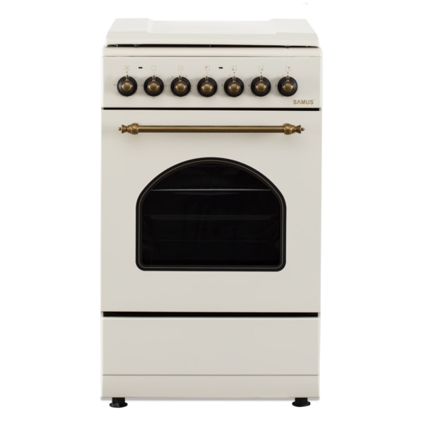 Aragaz Rustic Samus SR550EL3C1, 3 arzatoare pe gaz + 1 electric, Aprindere electrica, Cuptor electric, 48 l, 3 functii, 2200 W, timer mecanic, Beige