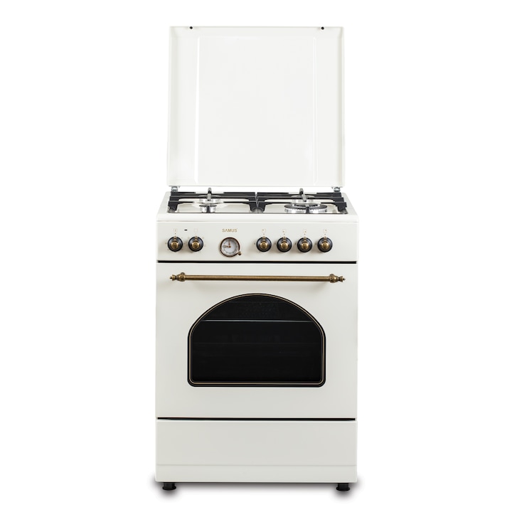 Aragaz Rustic Samus SR660EL1CW, 4 arzatoare gaz ( 1 wok), cuptor electric, 6 functii, 56 l, aprindere electrica, grill, ventilator, timer, Crem