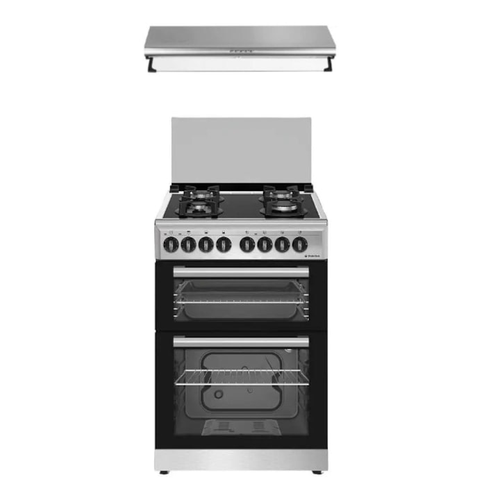 Pachet Aragaz mixt si hota clasica inox Studio Casa Viva EL Duetto, cuptor electric + cuptor gaz, 4 arzatoare gaz, inox/sticla neagra, 60x60cm