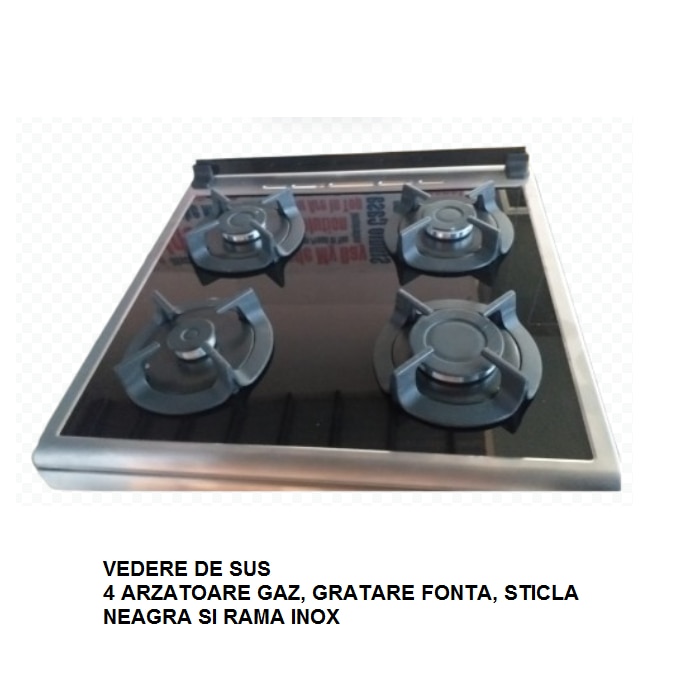 Pachet Aragaz mixt si hota clasica inox Studio Casa Viva EL Duetto, cuptor electric + cuptor gaz, 4 arzatoare gaz, inox/sticla neagra, 60x60cm