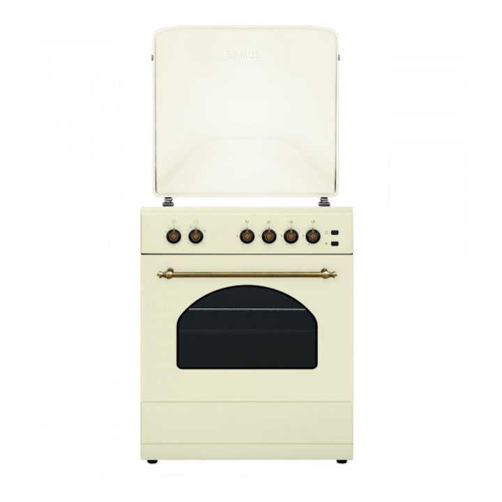 Aragaz rustic Samus SR660S4C1, 4 arzatoare (1Wok), Cuptor pe gaz, 55 L, Gratare din fonta, Aprindere electrica plita, Timer mecanic, Beige
