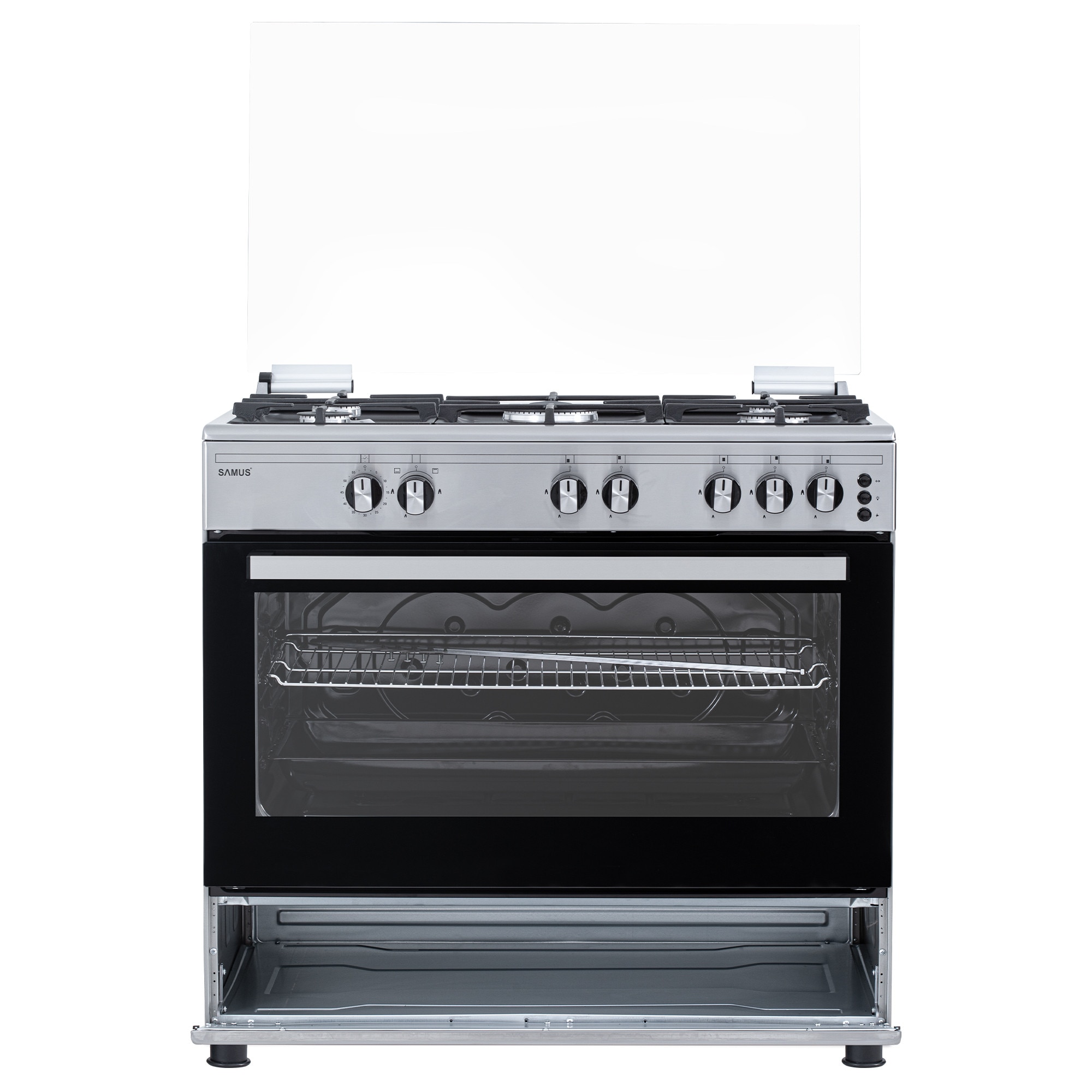 Aragaz Samus SM950AGRXS1, 90 cm, 5 arzatoare, cuptor gaz, aprindere electrica plian si cuptor, timer mecanic, capacitate cuptor 92 L, Inox/Laterale argintii