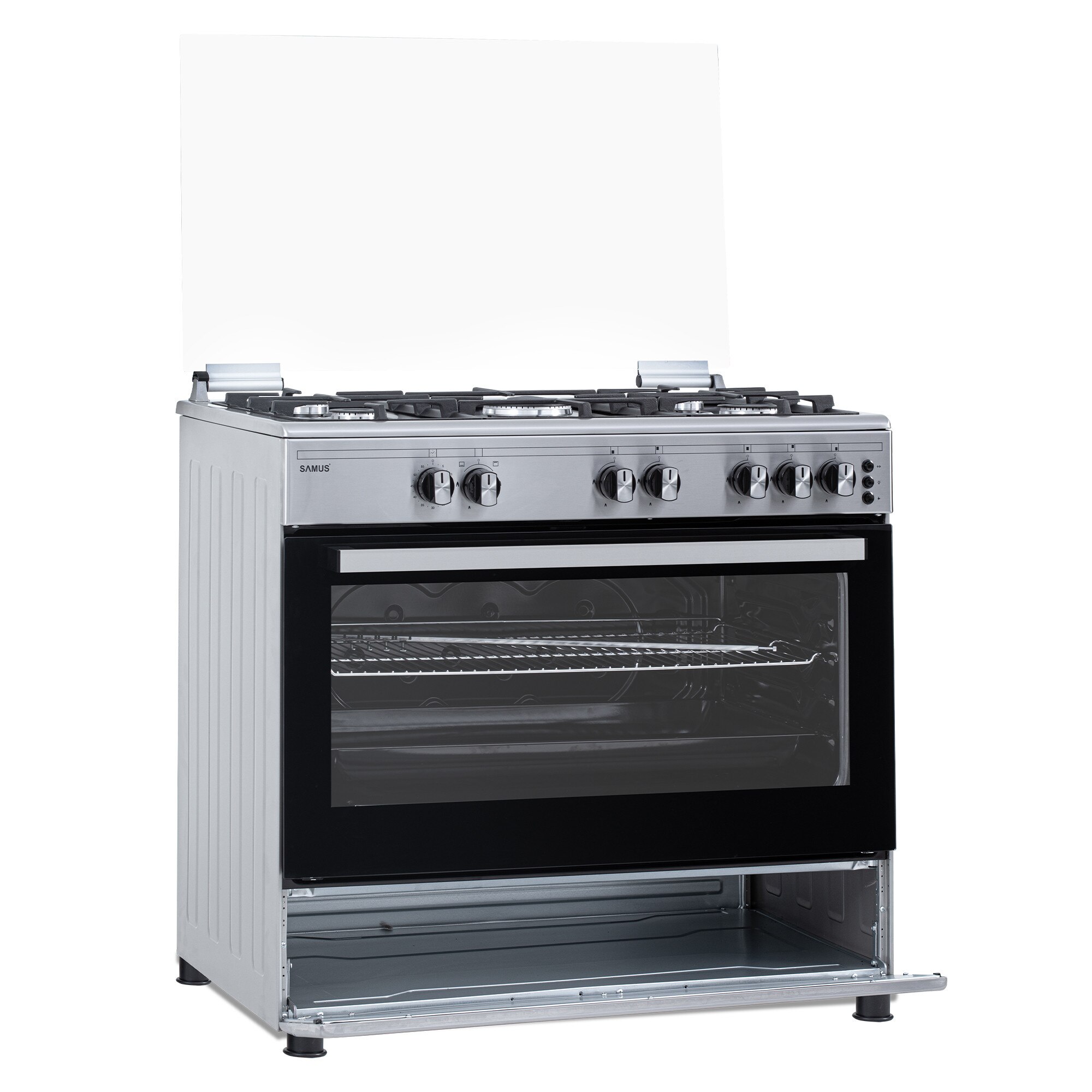 Aragaz Samus SM950AGRXS1, 90 cm, 5 arzatoare, cuptor gaz, aprindere electrica plian si cuptor, timer mecanic, capacitate cuptor 92 L, Inox/Laterale argintii