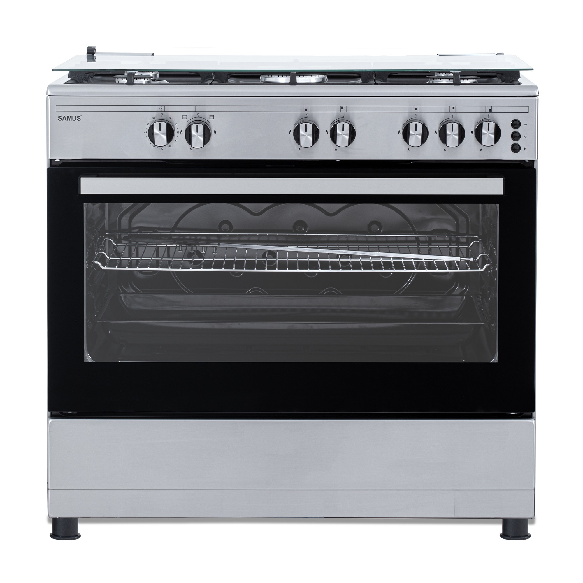 Aragaz Samus SM950AGRXS1, 90 cm, 5 arzatoare, cuptor gaz, aprindere electrica plian si cuptor, timer mecanic, capacitate cuptor 92 L, Inox/Laterale argintii