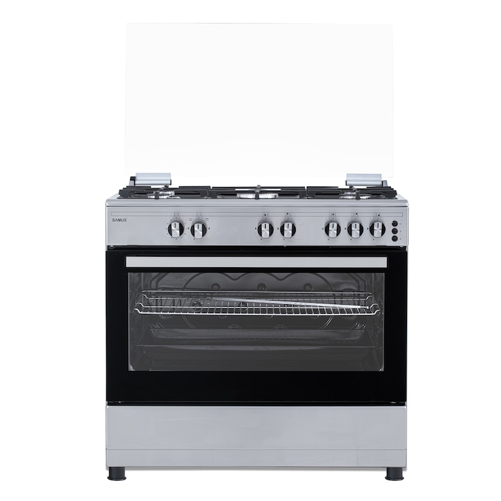 Aragaz Samus SM950AGRXS1, 90 cm, 5 arzatoare, cuptor gaz, aprindere electrica plian si cuptor, timer mecanic, capacitate cuptor 92 L, Inox/Laterale argintii