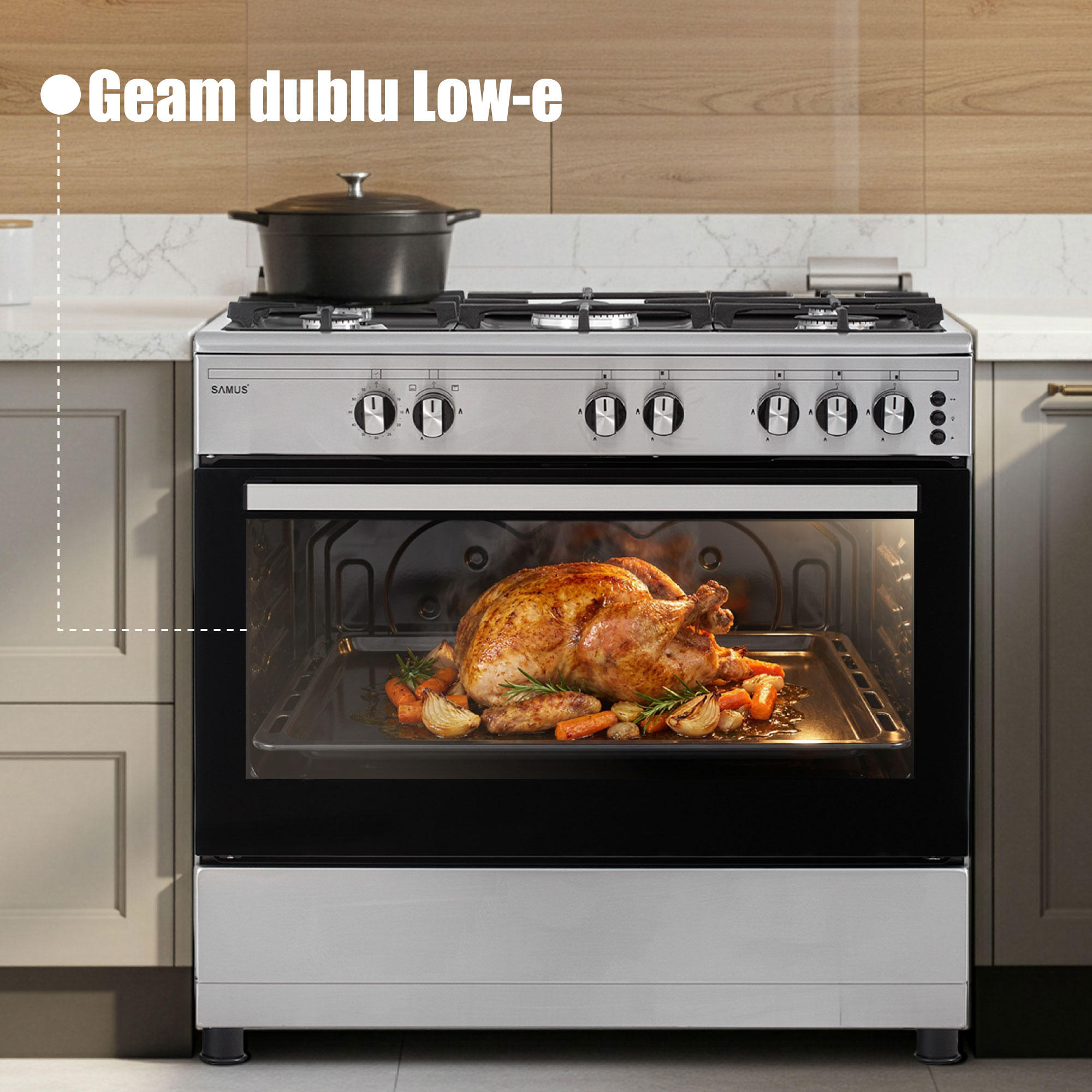 Aragaz Samus SM950AGRXS1, 90 cm, 5 arzatoare, cuptor gaz, aprindere electrica plian si cuptor, timer mecanic, capacitate cuptor 92 L, Inox/Laterale argintii