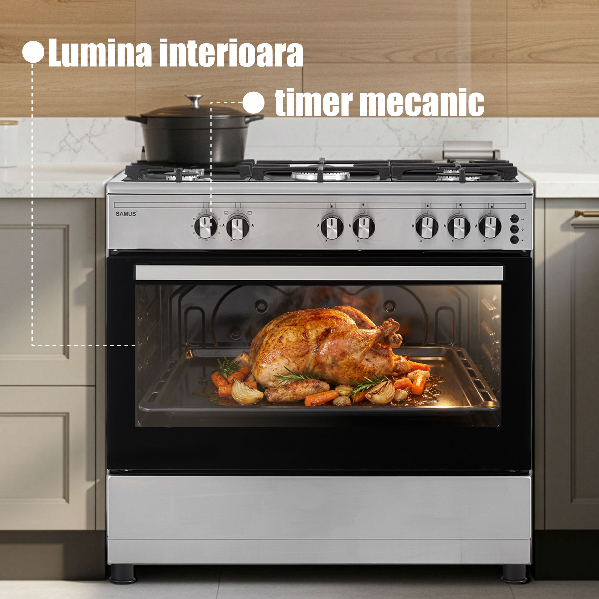 Aragaz Samus SM950AGRXS1, 90 cm, 5 arzatoare, cuptor gaz, aprindere electrica plian si cuptor, timer mecanic, capacitate cuptor 92 L, Inox/Laterale argintii
