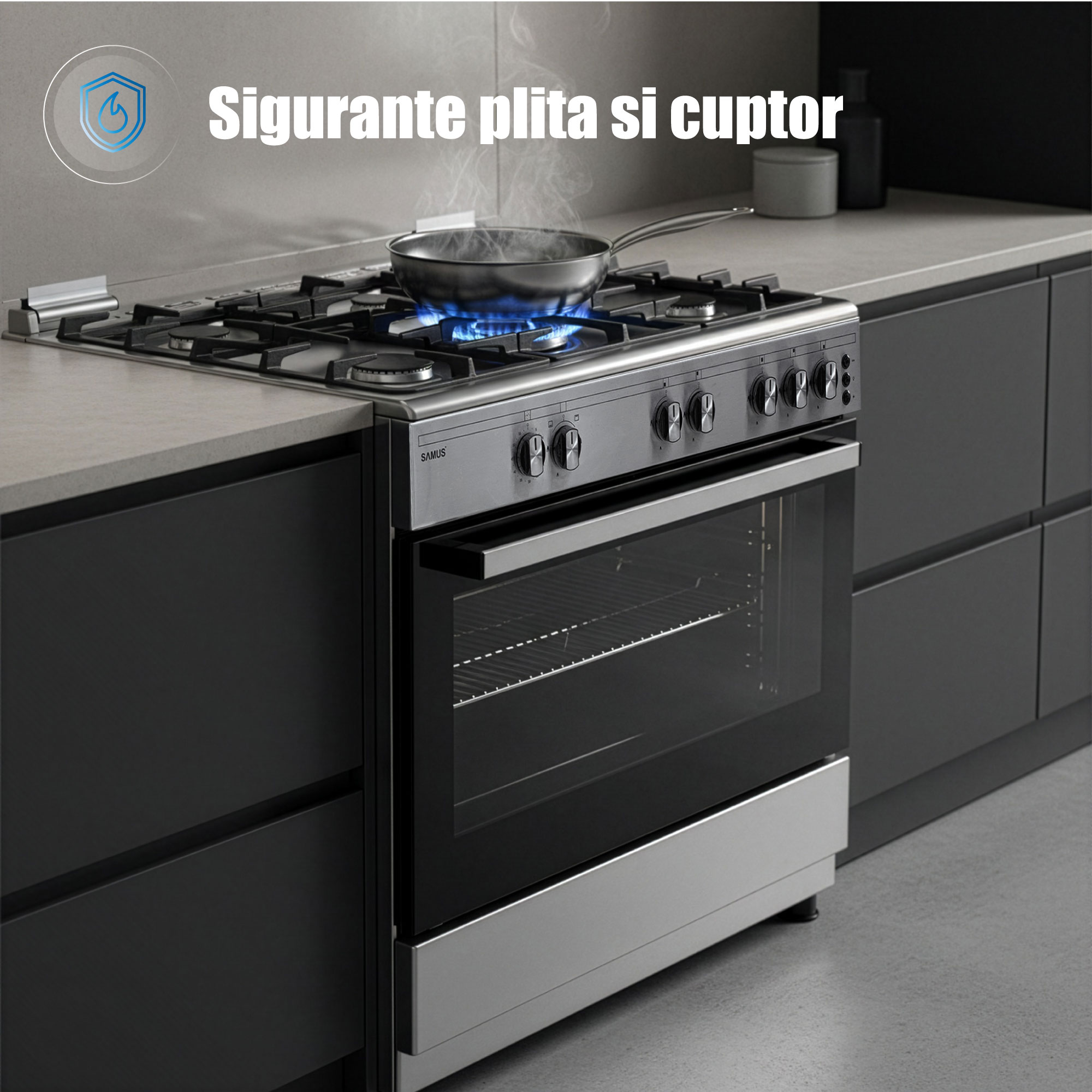 Aragaz Samus SM950AGRXS1, 90 cm, 5 arzatoare, cuptor gaz, aprindere electrica plian si cuptor, timer mecanic, capacitate cuptor 92 L, Inox/Laterale argintii